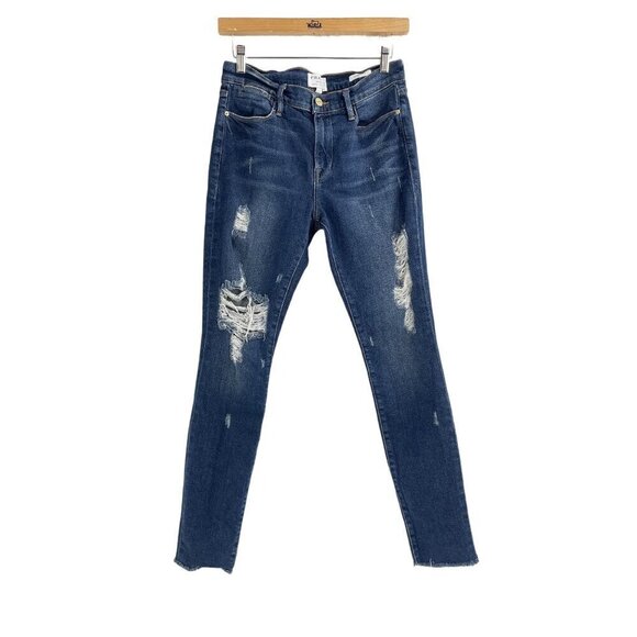 Frame Womens Le High Enford Skinny Distressed Jeans Size 25 Blue Denim Raw Hem - Picture 1 of 9